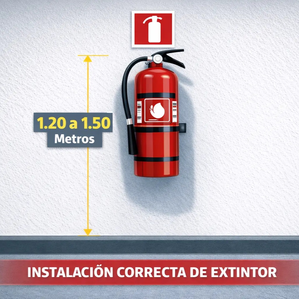 instalación correcta de extintor en pared con señalización