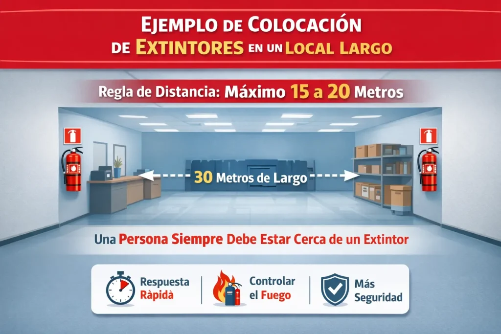 ejemplo de colocación de extintores en un local largo