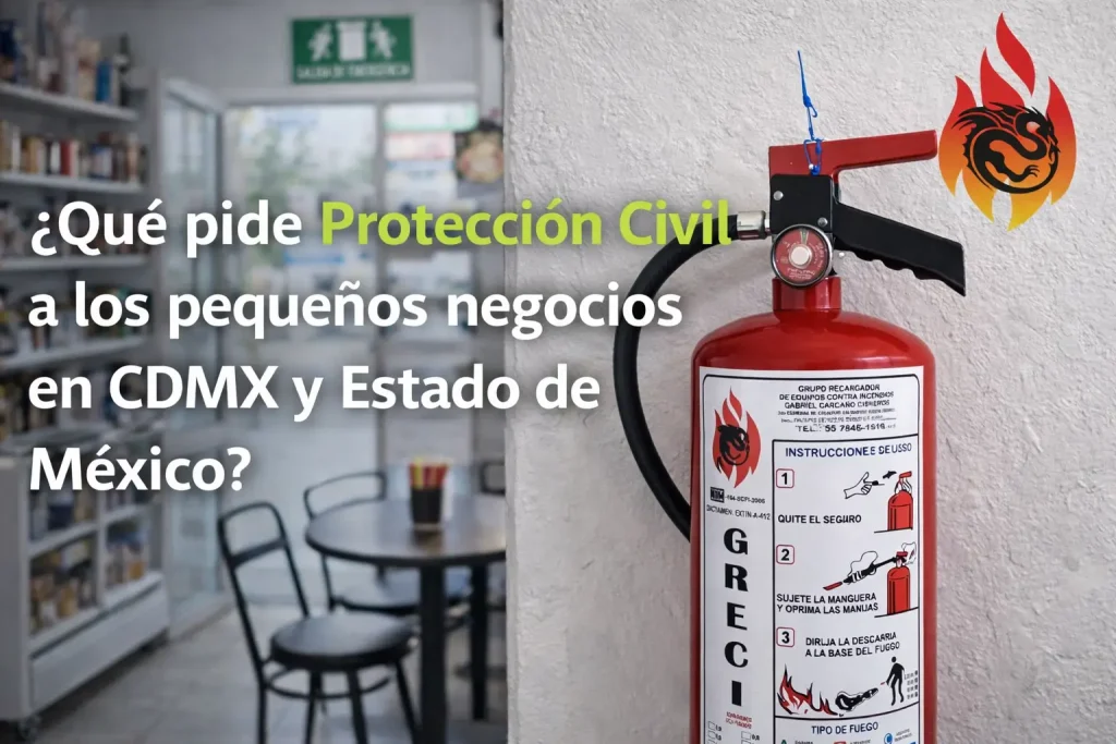 Extintor instalado en un pequeño negocio con señalización de seguridad cumpliendo requisitos de Protección Civil en CDMX y Estado de México.